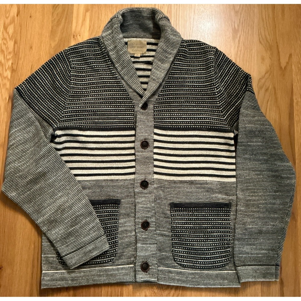 Lucky Brand Mens M Shawl Collar Cardigan Black White Striped Cotton 7M50383